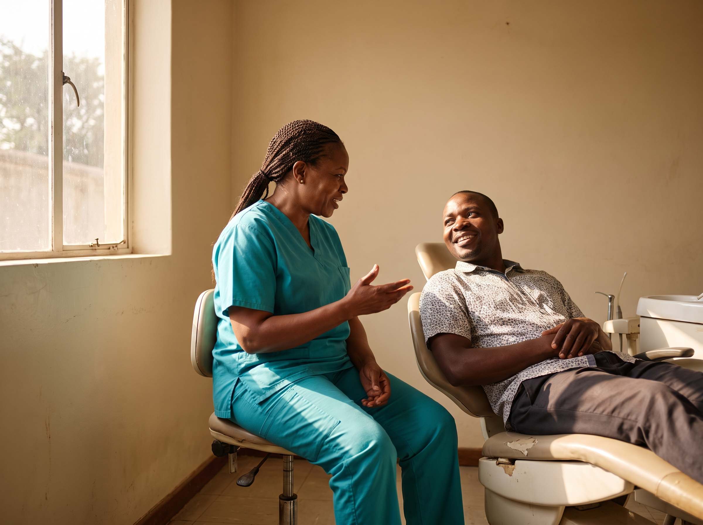 A dentist sitting beside a patient in the chair, explaining a treatment plan.
