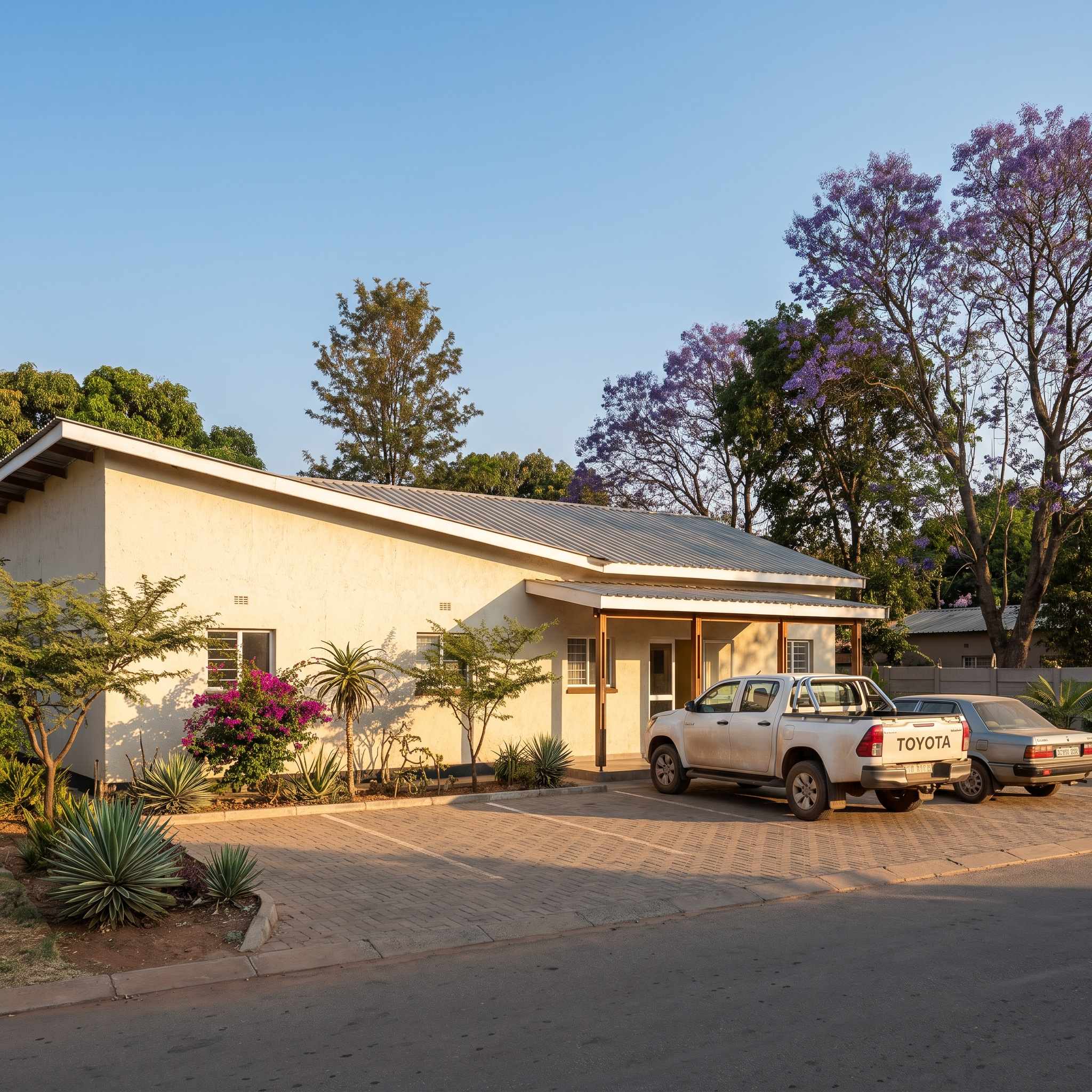 The practice building from the street, with parking in front.