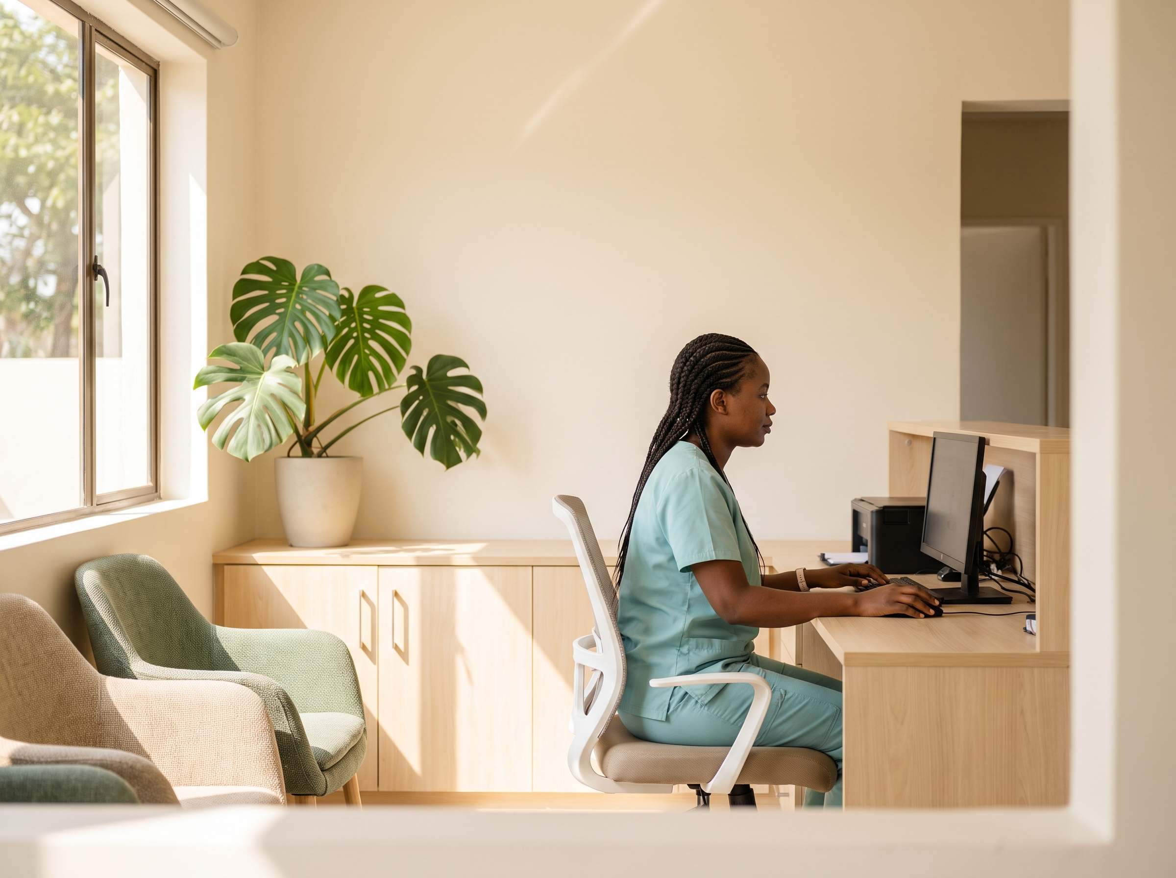The reception and waiting area at Kabulonga Dental, with morning light through a large window.